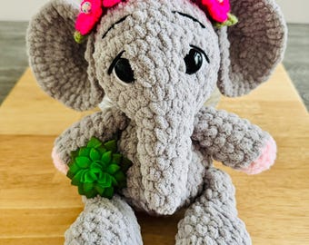 Crochet Chenille Elephant Plush, Stuffed Animal with Flower Crown