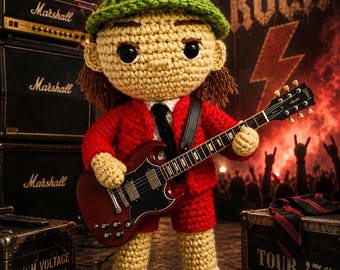 Handmade Angus Young Amigurumi Doll, Rock Legend Collectible, ACDC Group