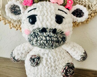 Crochet Cow, Stuffed Animal with Flower Crown, Soft Plush Toy