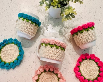 Tulip Crochet Mug Cozy and Coaster Set, Includes Mug