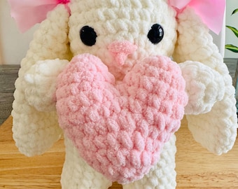 Crochet Bunny Plush Toy, Pink Heart, Stuffed Animal