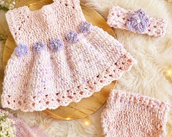 Handmade Crochet Baby Dress Set: Chenille Yarn, Diaper Cover, Headband, Pastel Pink Flowers