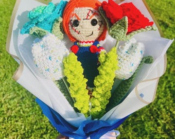 Handmade Crochet Chucky Plushie Flower Bouquet, Horror Doll