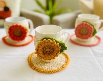 Crochet Sunflower Mug Cozy and Coaster Set, Handwoven Mug Included