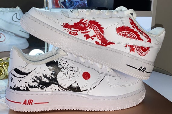 Custom Nike Air Force - Red Dragon x The Great Wave
