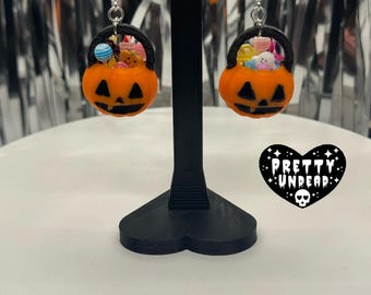 3D Printed Pumpkin Pail Candy Earrings – Spooky Cute Halloween Jewelry, Trick or Treat Bucket Earrings, Kawaii Candy, halloween earrings