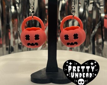 Xed Out Eyes Pumpkin Pail Earrings – 3D Printed Spooky Cute Jewelry, Halloween Bucket Dangles, Creepy Cute Pumpkin Accessories