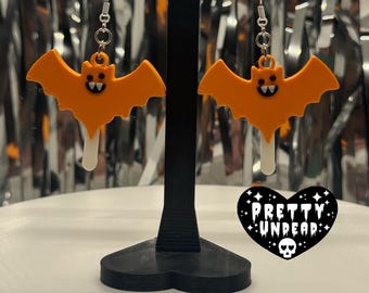 Silly Batsicle Earrings – 3D Printed Bat Popsicle Dangles, Spooky Cute Halloween Jewelry, Creepy Kawaii Bat Earrings
