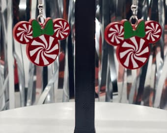 Peppermint Minnie & Mickey Earrings – Christmas Disney Earrings, Holiday Mouse Jewelry, Cute Gift for Her, Festive Disney Accessories
