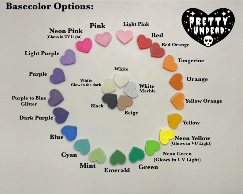 May include: A color chart showing various base color options for a product. The colors are arranged in a circle, with the names of each color listed below. Some colors are described as glowing in UV light.