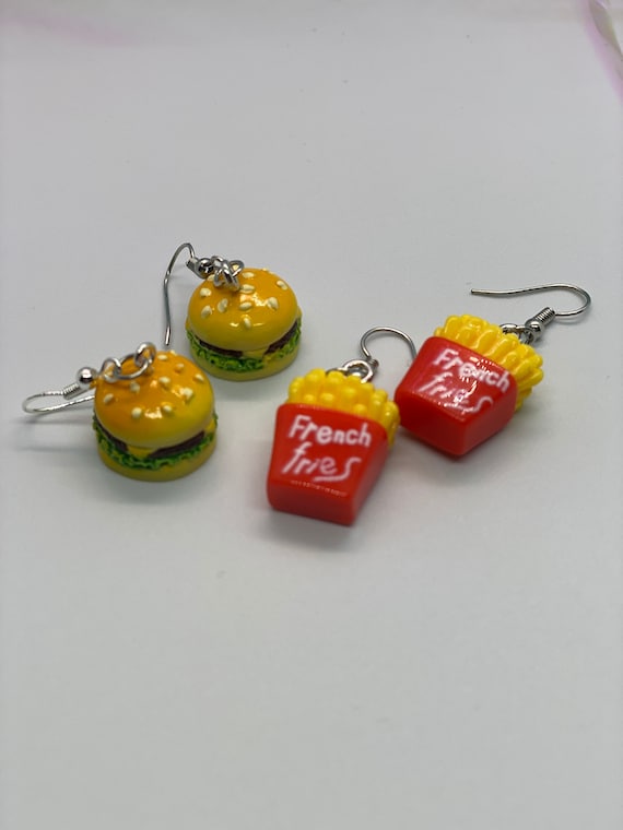 Burger and Fries Earrings – Cute Fast Food Jewelry, Kawaii Snack Accessories, Fun Statement Earrings, Foodie Gift for Her, cute earrings