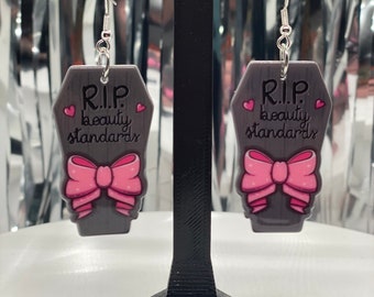 RIP Beauty Standards Coffin Earrings | Feminist Gothic Jewelry | Alt Statement Earrings | Self Love Gift | Body Positive Accessories