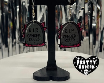 RIP Gender Roles Gravestone Earrings – Feminist Alt Jewelry, Queer Pride Statement Earrings, Goth Tombstone Accessories, Gender Inclusive