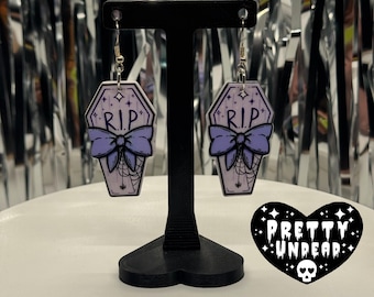 Purple Coffin Earrings Wrapped in a Bow – RIP Pastel Goth Jewelry • Creepy Cute Coffin Earrings • Halloween Aesthetic • Spooky Kawaii Gift