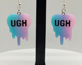 Ugh Dripping Heart Earrings – Sad Girl Aesthetic Jewelry, Emo Statement Earrings, Alt Accessories, Anti-Valentine Gift, Goth Girl Style