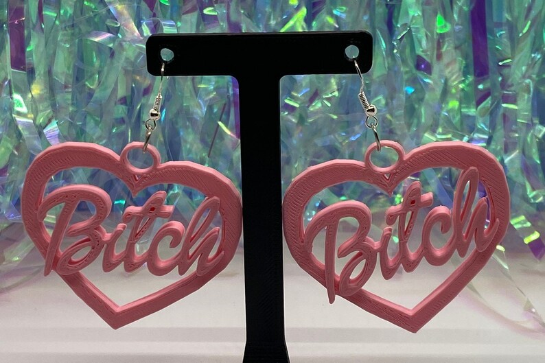 May include: A pair of pink heart-shaped earrings with the word "Bitch" written in a cursive font inside each heart.