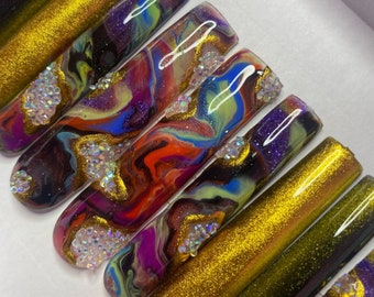 Titanium quartz Geode Press On Nail Set| 10 Pc Press On Nail Set| Rainbow Nail Set