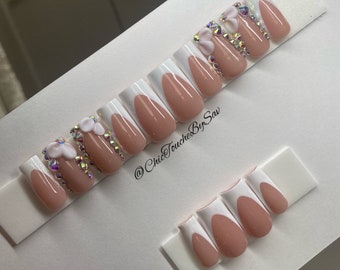 Acrylblume / Bling French Tip Press On Nails | 10 Stück|