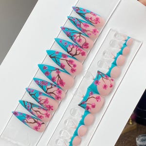 Könnte beinhalten: Ein Set künstlicher Nägel mit Kirschblüten-Design. Die mandelförmigen Nägel haben eine hellrosa Basis, türkisfarbene Spitzen und ein Design mit rosa Kirschblütenzweigen. Das Set umfasst sowohl Finger- als auch Zehennägel.