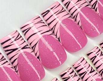 Pinkie Pie| 10 Stück Luxus Animal Print Drücken Sie auf die Nägel | Glitzer French Tip Nägel