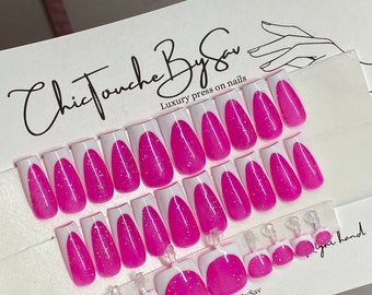 Pink Glitter Press On Nail & Toe Set | French Tip 20pc