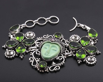 Carved Style FacePeridot Gemstone Bracelet Woman Jewellery Bracelet Gift For Her Bracelet Jewelry Silver Plated Antique Style Bracelet
