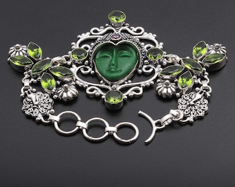 Carved Style FacePeridot Gemstone Bracelet Woman Jewellery Bracelet Gift For Her Bracelet Jewelry Silver Plated Antique Style Bracelet