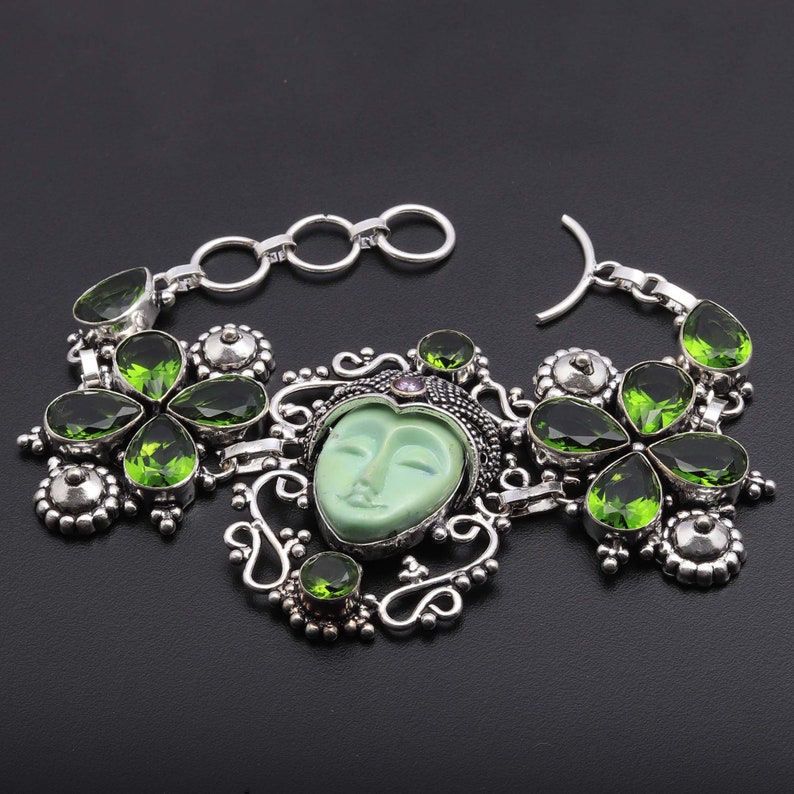 Carved Style FacePeridot Gemstone Bracelet Woman Jewellery Bracelet Gift For Her Bracelet Jewelry Silver Plated Antique Style Bracelet