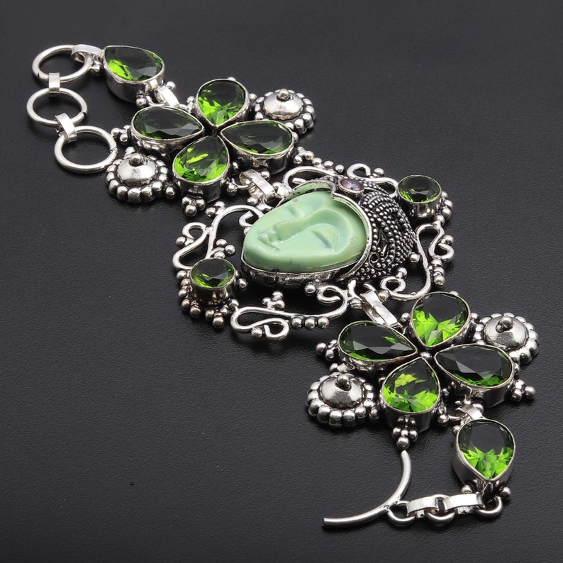 Carved Style FacePeridot Gemstone Bracelet Woman Jewellery Bracelet Gift For Her Bracelet Jewelry Silver Plated Antique Style Bracelet