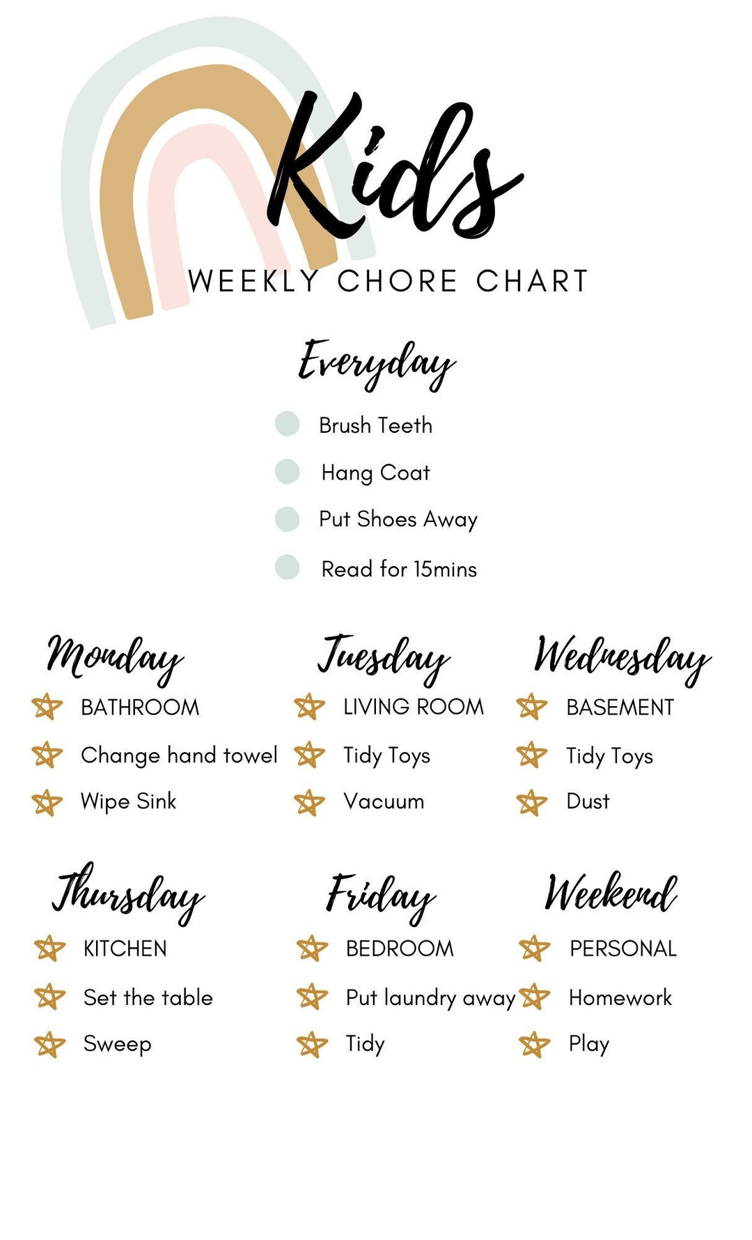 Cleaning Checklist/ Chore Chart/ Rainbow/ Editable Chore Chart - Etsy