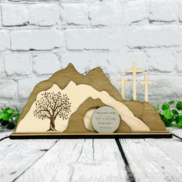 Easter Tomb | "He Is Risen" Matthew 28:6 | Empty Tomb & Cross Display | Easter Decor | Christian Religious Decor | Laser Cut Wooden Tomb