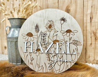 Nursery Wildflower Round Name Sign | Personalized Wooden Nursery Sign | Nursery Engraved Floral Sign | 3D Baby Sign | Flower Nursery Sign