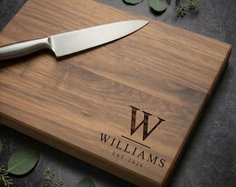 Custom Wood Cutting Board | Maple, Cherry, Walnut | Wedding, Anniversary, Engagement, Housewarming Personalized Gift | Design 002