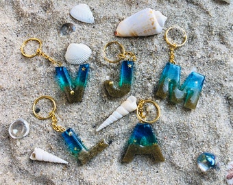 Beach letter keychain, ocean resin, handmade gift, initial keychain