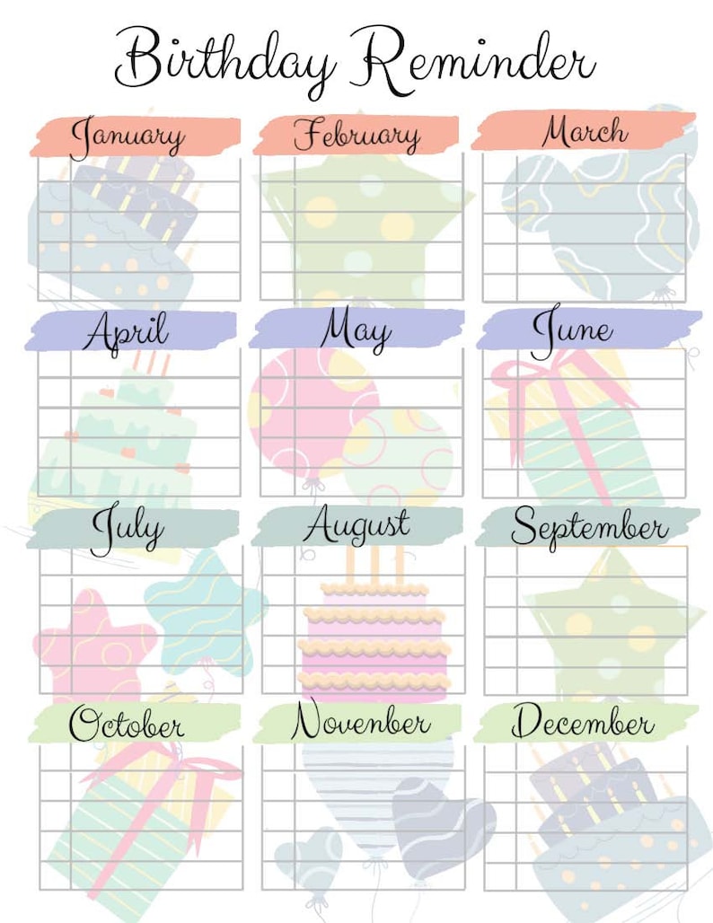 BIRTHDAY Reminder Pdf Printable/fillable DIGTAL DOWNLOAD 8.5 X - Etsy
