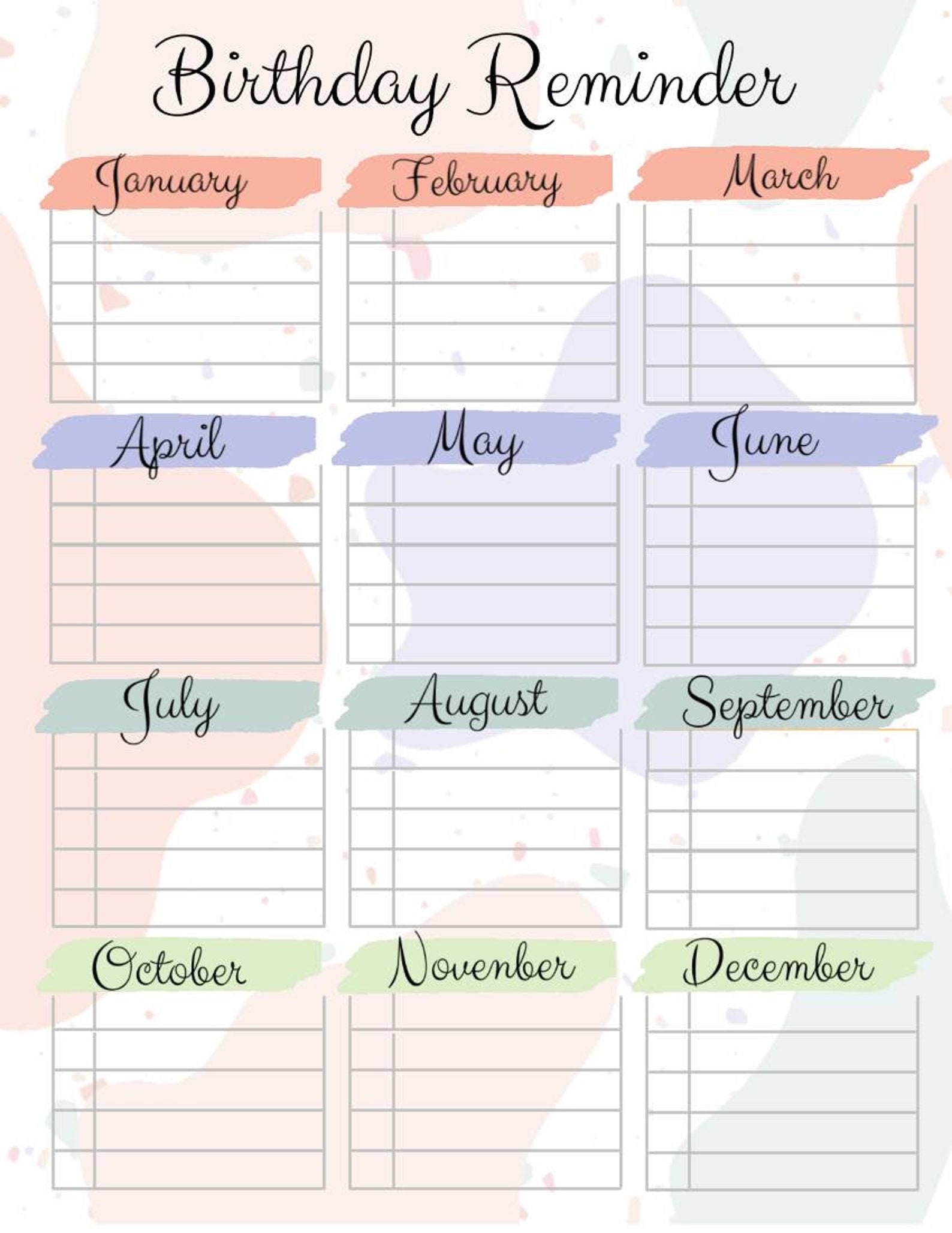 BIRTHDAY Reminder Pdf Printable fillable DIGTAL DOWNLOAD 8 5 X Etsy
