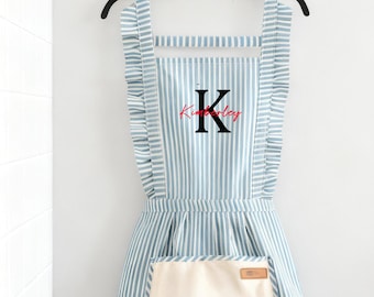 Custom Striped Baking Apron With Pockets,Personalized Embroidered Apron for Adult,Chef Cooking Apron,Ruffle Apron,Baker Apron,Christmas Gift