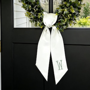 Custom Embroidered White Satin Wreath Sash, Personalized Monogrammed Door Decor, Spring Wreath Ribbon, Hydrangea Wreath Sash, Wedding Decor