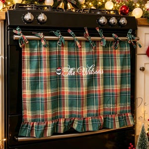 Broderad julugnsgardin, personlig rutig ugnskjol, räfflad ugnslucka, Cottagecore köksdekor, ugnskjol