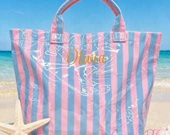 Custom Embroidered Waterproof Beach Tote,Personalized Striped Beach Tote,Embroidered Initial Beach Bag,Striped PVC Summer Bag,Wedding Gifts