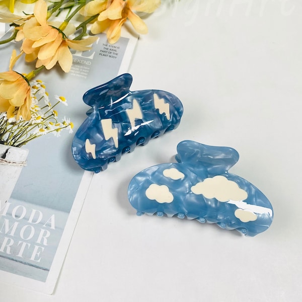 Cloud Lightning Hair Claw Clamps, Blue and White Splicing Acetate Hair Claw Clip, Grab Clips for Thick Hair, Cute Hair Claw For Woman Girls