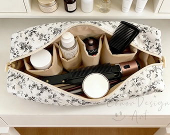 Custom Cotton Hair Tool Organizer Bag with Product Compartment, Embroidered Floral Makeup Bag,Hair Tool Bag,Women Bag,Travel Bridesmaid Gift