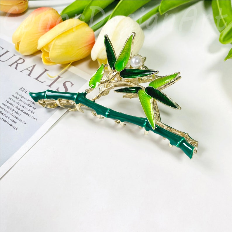 Dripping Oil Green Bamboo Hair Claw Clips, Green Enamel Bamboo Pearl Hair Clamps,Elegant Large Metal Hair Claws for Women,Ponytail Hair Claw image 4