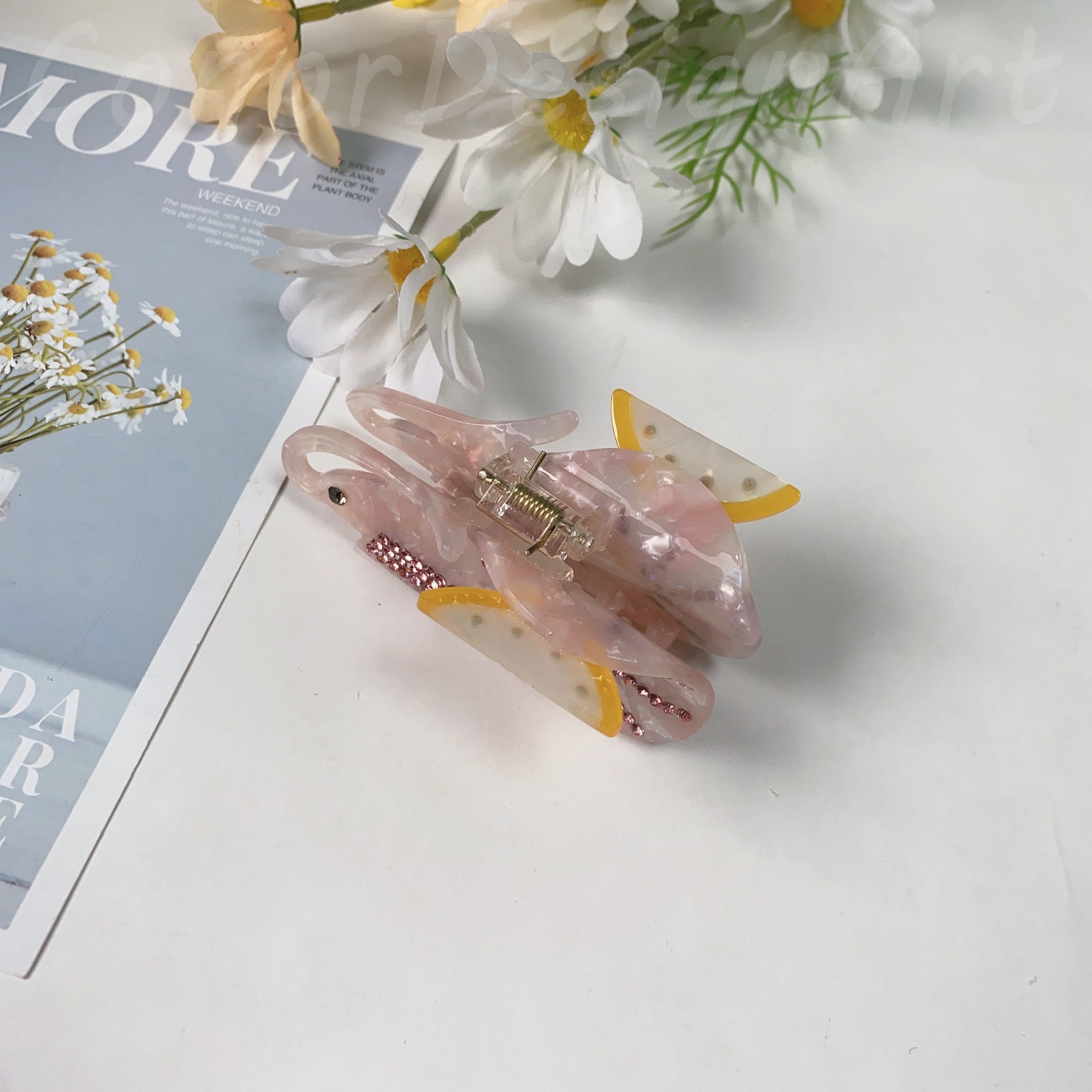Funny Pink Lemon Shrimp Hair Clamps, Cute Shrimp Acetate