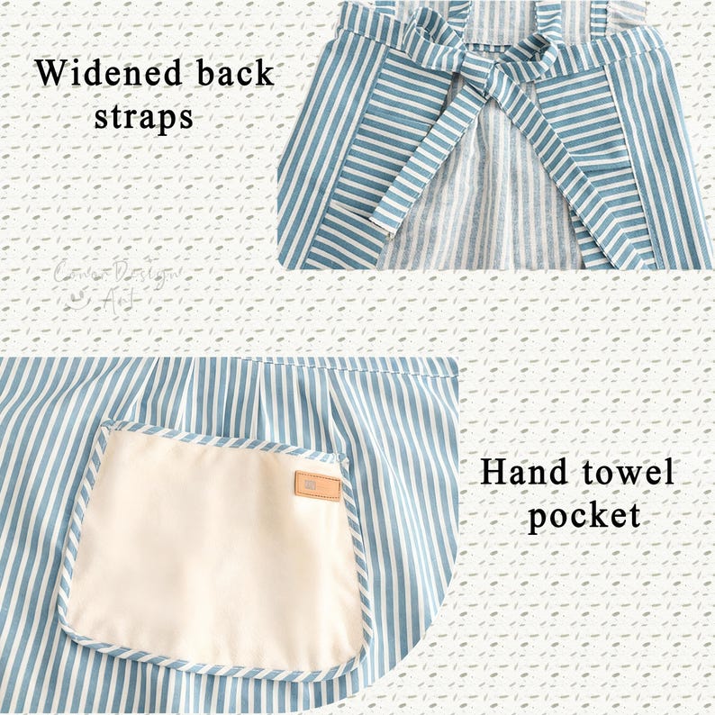 May include: Blue and white striped apron with widened back straps and a hand towel pocket. The apron has a cream-colored pocket with a brown label. The text "Widened back straps" and "Hand towel pocket" are visible.