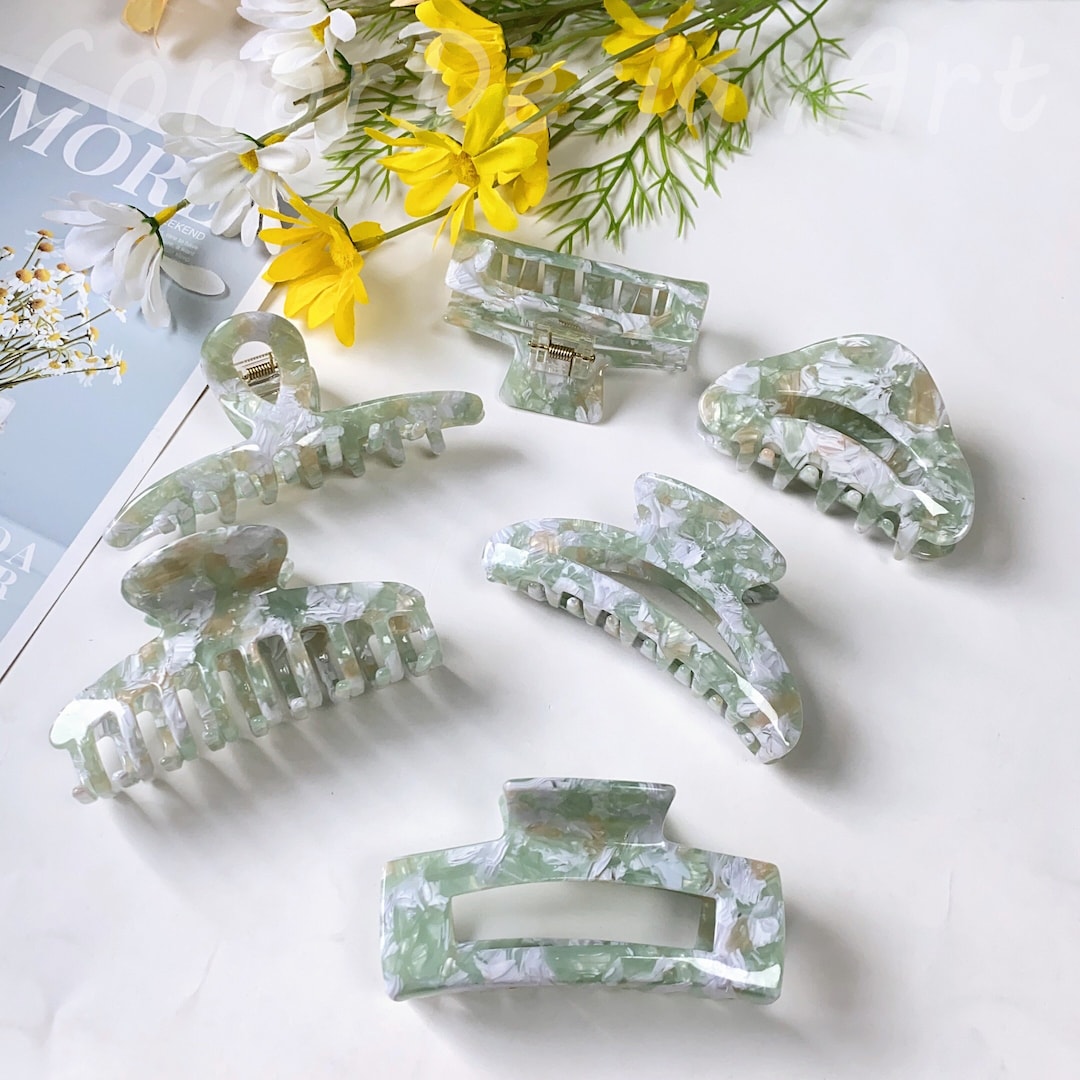 Vintage Green Hair Claws for Women, Girlish Hair Clip, Hollow Geometry