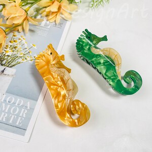 グリーンイエローオーシャンタツノオトシゴヘアクロー、キュートでファンキーな海馬ヘアクロークリップ、女性用海洋動物ヘアクランプ、ポニータイヘアクロー、最高のギフト