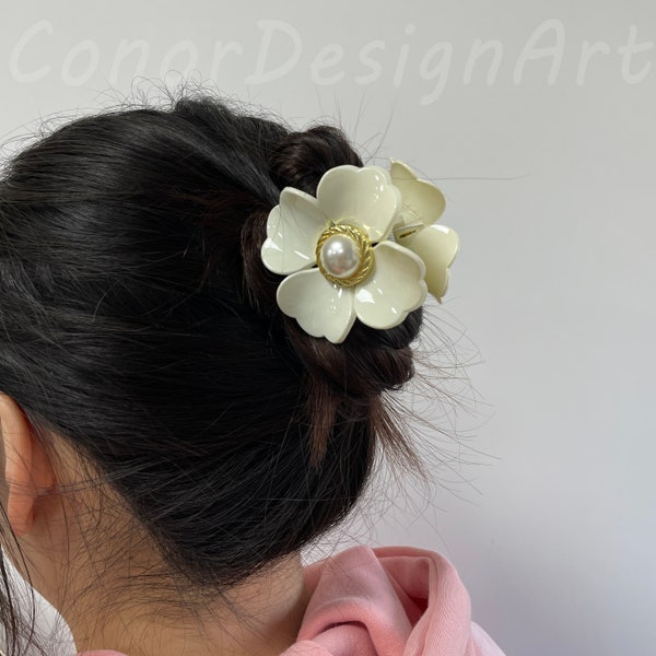 Camellia haarklauwen, bloem transparante haarklauw, grote bloem haarklauw, alledaagse haarklauwclip, elegante haarklauw, trendy haarklauw