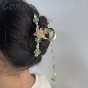 オリジナルデザインのスイレンのヘアクリップとタッセル、女性用ハンドメイドスイレンヘアアクセサリー、エレガントな蓮の花のクリップ、お母さんへの最高の贈り物
