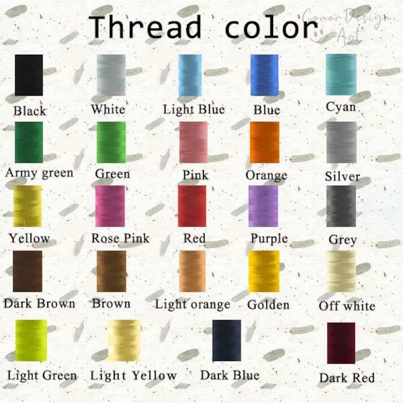 May include: A color chart displaying thread colors, including black, white, light blue, blue, cyan, army green, green, pink, orange, silver, yellow, rose pink, red, purple, grey, dark brown, brown, light orange, golden, off white, light green, light yellow, dark blue, and dark red.